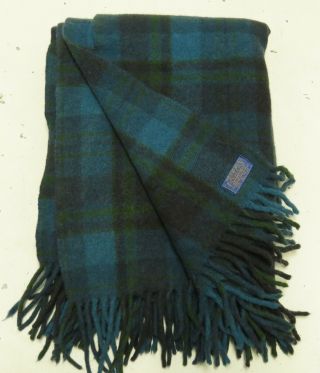 Vintage Pendleton Usa Wool Fringe Throw Blanket 46×60 Green Blue Plaid