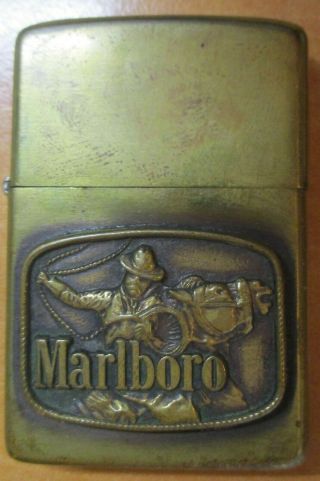 Vintage Brass Zippo Lighter Marlboro Philip Morris Usa Raised Cowboy Ridinghorse