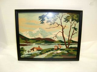 Vintage 10 X 8 Framed Paint By Number Painting Of A Mountain Scene.
