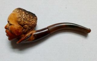 Antique 19thc Rare Carve Negro Head Meerschaum And Amber Pipe With Case