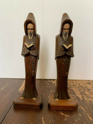 Vintage Carved Wood Monk Friar Priest Bookends