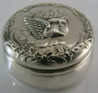 Art Nouveau Solid Sterling Silver Cherub Pill Box 1903 Antique