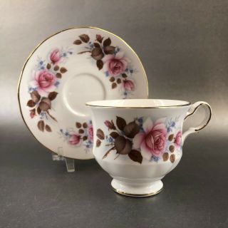 Queen Anne Gold & Pink Roses Bone China Tea Cup & Saucer England Teacup Vintage