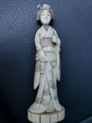 Vintage Small Bone Hand Carved Geisha Oriental Lady Signed