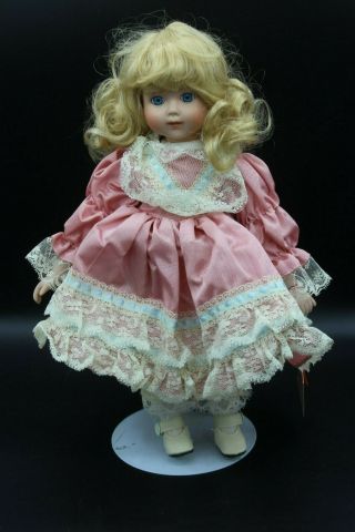 Lovely Vintage Porcelain Doll 12 " Tall Blonde Blue Eyes Pink Dress Gorgeous