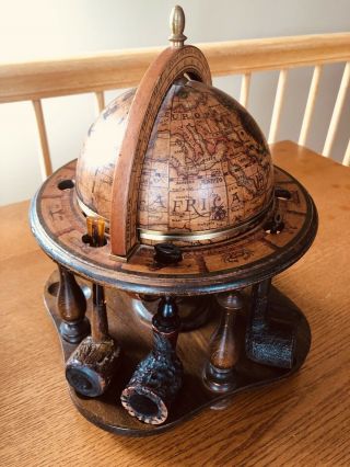 Vintage Globe Tobacco Pipe Stand With 3 Smoking Pipes & Humidor Wood Pipe Stand