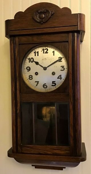 Antique Junghans German 8 - Day Key Wind Wall Clock Circa 1920 Dark Oak Regulator