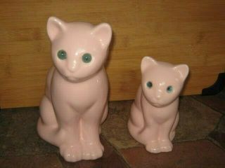 Vintage Pink Ceramic Cats Made In Portugal - Elpa Alcobaca - Glass Eyes