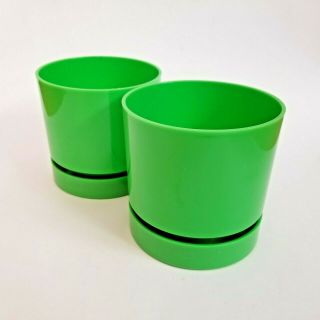 Two Vintage Mcm Mid Century Modern 5 " Plastic Green Planters Pots And Trays