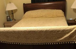 Vintage Goldish Chenille Bedspread Queen Size Pom Pom Fringe