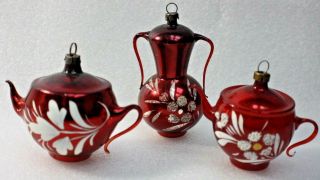 Lovely Antique Set Of 3 Red Mercury Glass Hand Painted Christmas Ornaments