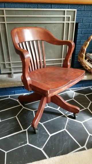 Vintage Sikes Wood Swivel Banker Arm Chair Antique Office Rolling