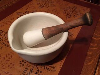 Porcelain Mortar And Wood Handle Pestle Large Vintage Medical Apothecary Bowl