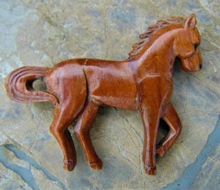 Vintage Carved Wood Horse Pin Brooch Hand Made 1940 Circa 2 3/4 " Long