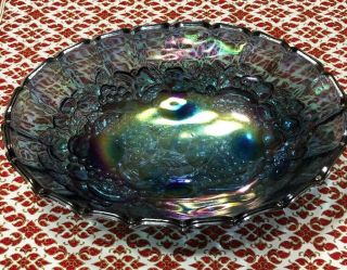 Carnival Vintage Blue Glass Oval Footed Console Bowl Fruit Garland Iridescent