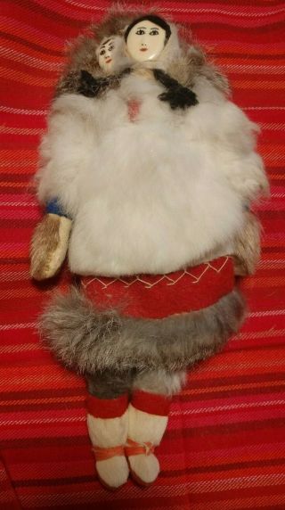 Vintage 10” Handmade Alaskan Artist Eskimo Doll W/baby Authentic Fur Clothing