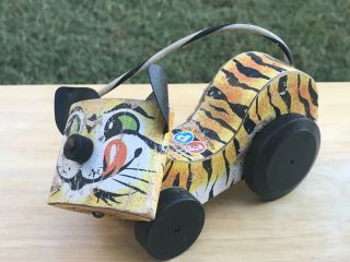 Vintage 1961 Fisher Price Wooden Pull Toy Tiger Cat 654