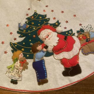 Vintage Christmas Tree Skirt Hand Made Felt Santa Tree Stockings 36 "