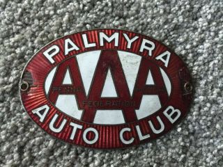 Vintage Aaa Palmyra Auto Club Enameled Metal License Plate Topper
