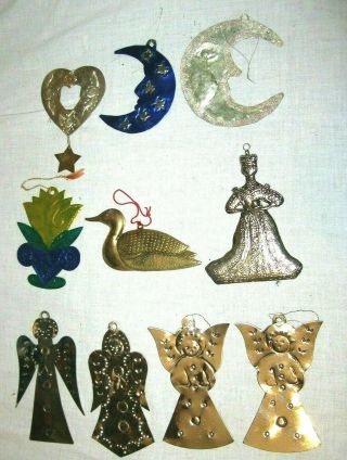 Vintage Set Of 10 Assorted Christmas Ornaments Made Of Metal Angels Moon Duck