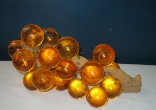 Vtg Large Lucite Acrylic Resin Grape Cluster Wood Stem Amber Orange