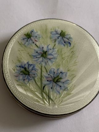 Quality Sterling Silver & Guilloche Enamel Floral Decorated Circular Compact