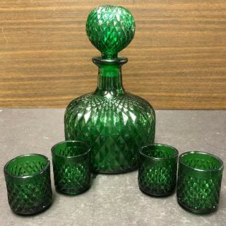 Vintage Emerald Green Depression Glass Decanter & 4 Matching Shot Glasses
