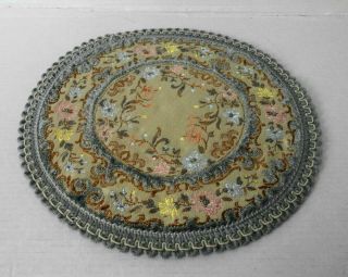 Hand Embroidered Vintage 9 " Round 1:12 Scale Dollhouse Area Rug Made In Belgium