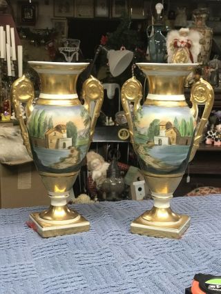 Pair Paris Porcelain Antique Art Nouveau Signed Trophy Vases Handpainted