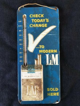 Vintage Antique L&m Cigarette Advertising Metal Sign W/ Thermometer - 13”x5.  75”