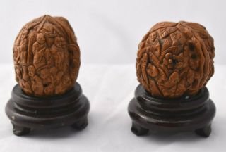 Antique Carved Walnut Shell Chinese Monks Set Of 2 With Wood Stand Hediao 黑雕