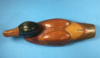 70s Vintage Duck Decoy Carving Green Wood Head Olive Tail