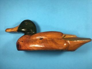70s Vintage Duck Decoy Carving Green Wood Head Olive Tail 2
