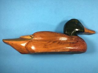 70s Vintage Duck Decoy Carving Green Wood Head Olive Tail 3