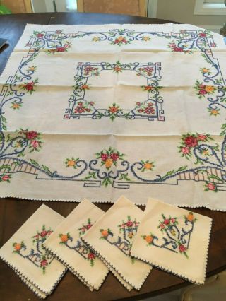 Vintage Cross Stitch Tablecloth And 4 Napkins Hand Made Approx.  30 ½ " X 31 ½ "