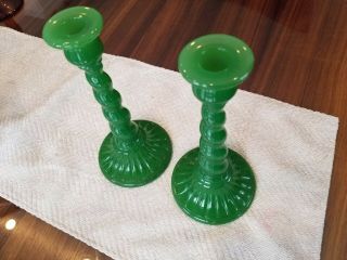 Vintage Twist Design - Jade Jadeite Candlesticks 10 - 1/4 " Tall