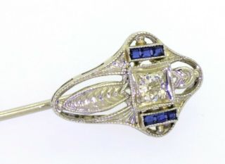 Antique 18k white gold 0.  14ct diamond and blue sapphire stick pin 2