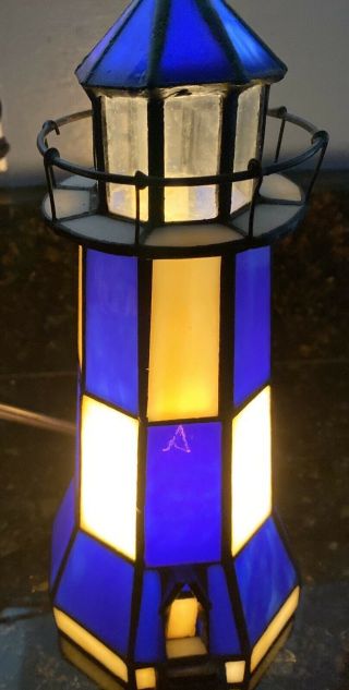 Vintage 9” Blue/white Paneled Stained Glass Lighthouse Table Lamp Nautical Light