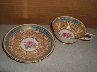 Vintage Paragon Fine Bone China England Tea Cup Saucer Set Teal Gold Floral