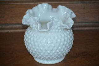 Vintage Fenton Hobnail White Milk Glass Double Crimped Large Rose Bowl 5 1/2 "
