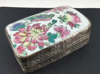 Vintage Chinese Porcelain Shard Silver Plate Jewelry Trinket Box Flowers - 4.  75 "