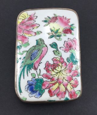 Vintage Chinese Porcelain Shard SILVER PLATE JEWELRY TRINKET BOX Flowers - 4.  75 