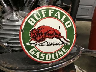 Rare Vintage Porcelain 6” Buffalo Gasoline Door Push Sign Ford Harley Chevy