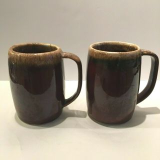 Set Of 2 Vintage Hull Usa Brown Gloss Drip Glaze Large Tankard Mugs