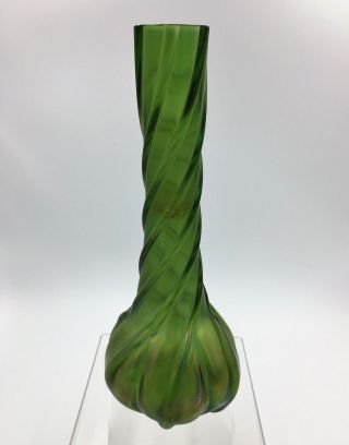 Antique Loetz Art Nouveau Green Iridescent Ribbed Twisted Melon Art Vase 10 
