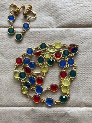Vintage Deco Czech Crystal Glass Paste Bezel Set Open Back Necklace & Earrings