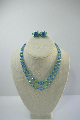 Vintage Aurora Borealis 2 Strand Blue & Green Necklace & Clip - On Earrings Set
