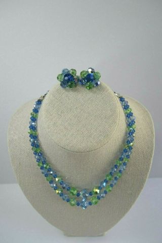 Vintage AURORA BOREALIS 2 Strand BLUE & GREEN Necklace & Clip - on Earrings Set 2