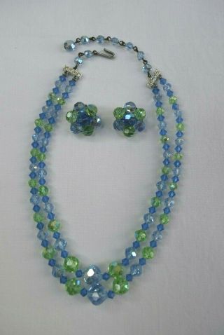 Vintage AURORA BOREALIS 2 Strand BLUE & GREEN Necklace & Clip - on Earrings Set 3