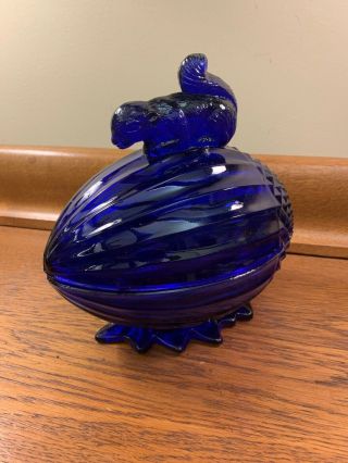 Vintage Cobalt Blue Acorn Shaped Covered Nut Bowl / Candy Dish With Squirrel